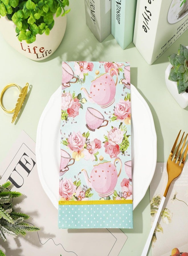 Whaline 100Pcs Floral Tea Party Napkins Teacups Guest Napkins Disposable Disposable Hand Napkin Towel for Spring Mother's Day Tea Part Bathroom Baby Shower Table Decor Supplies - Image 3